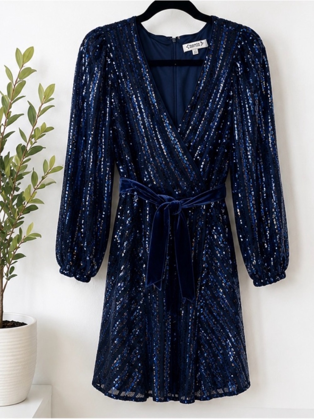 Nannette Navy Sequin Velvet Tie Wrap Dress